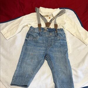 H&M Cream Shirt and Blue Denim Jeans Matching Set with Gray Suspenders